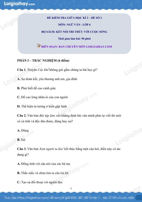 Đề thi giữa kì 2 Văn 6 Kết nối tri thức - Đề số 2